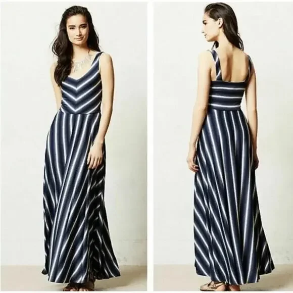 Anthropologie Puella Soft Striped Blue White Caftan Maxi Dress Size Medium - Picture 2 of 11